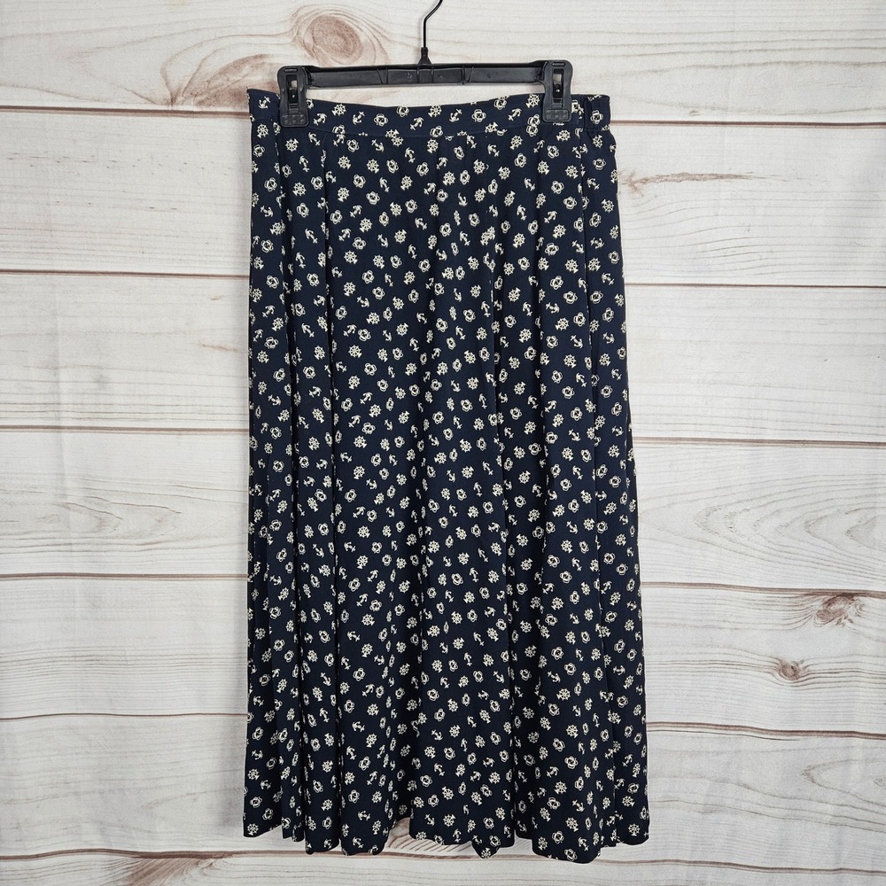 Liz Claiborne Navy Nautical Anchor Ship Wheel Print Rayon Midi Skirt Womens M